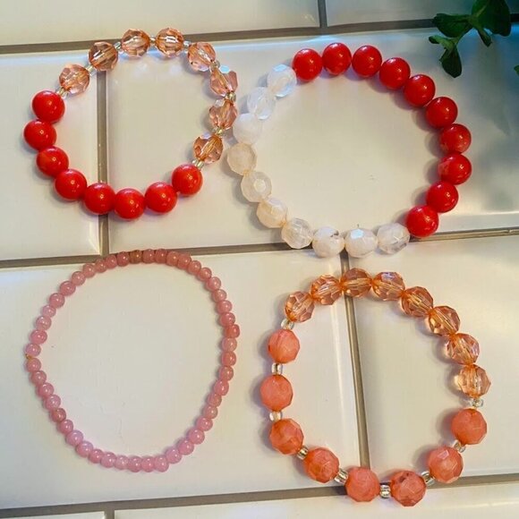 Peach and Orange Beaded Stretch Bracelet Set of 4 - Picture 2 of 3